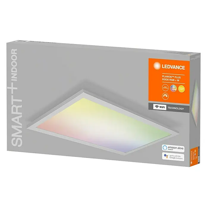 Ledvance Smart+ WiFi LED-Panel Planon Plus - L x B x H: 595 x 300 x 56 mm, Weiß, RGBW - Das Bild zeigt die Verpackung einer LEDVANCE PLANON™ PLUS 60X30 RGB + W Smart-Indoor-Leuchte.