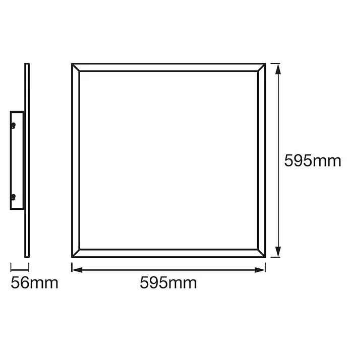 Ledvance Smart+ WiFi LED-Panel Planon Plus - 36 W, L x B x H: 595 x 595 x 56 mm, Weiß - Abbildung eines quadratischen Spiegels mit den Maßen 595 mm x 595 mm und einer Tiefe von 56 mm, der an der Wand montiert werden kann.
