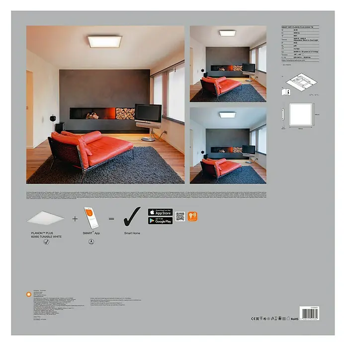 Ledvance Smart+ WiFi LED-Panel Planon Plus - 36 W, L x B x H: 595 x 595 x 56 mm, Weiß - Produktverpackung für eine PLANON™ PLUS 60X60 TUNABLE WHITE LED-Deckenleuchte, die per App und Smart Home steuerbar ist.