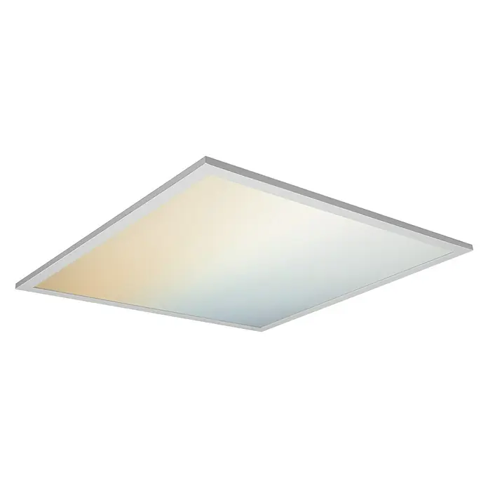 Ledvance Smart+ WiFi LED-Panel Planon Plus - 36 W, L x B x H: 595 x 595 x 56 mm, Weiß - Nahaufnahme eines quadratischen LED-Panels mit weißem Rahmen, das helles, gleichmäßiges Licht in einer modernen Umgebung bietet.