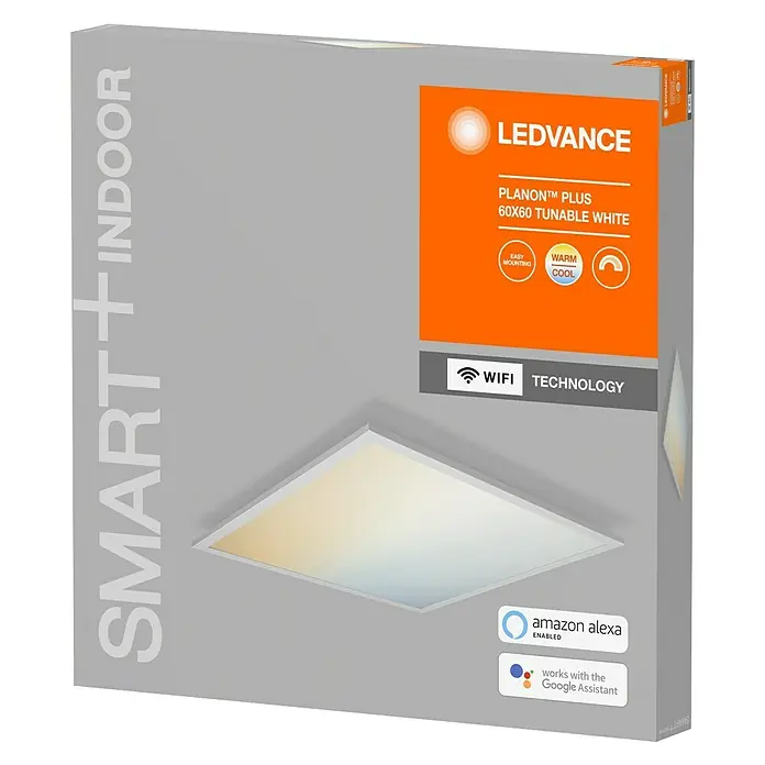 Ledvance Smart+ WiFi LED-Panel Planon Plus - 36 W, L x B x H: 595 x 595 x 56 mm, Weiß - Verpackung der LEDVANCE SMART+INDOOR Planon™ Plus 60x60 Tunable White, einer intelligenten, dimmbaren LED-Deckenleuchte für Innenräume.