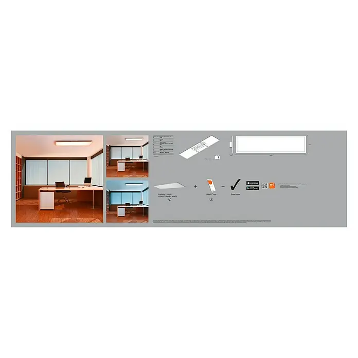 Ledvance Smart+ WiFi LED-Panel Planon Plus - 36 W, L x B x H: 120 x 30 x 5,6 cm, Weiß - Produktabbildung einer schlanken, weißen LED-Deckenleuchte mit intelligenten Funktionen, ideal für Büros und moderne Arbeitsbereiche.