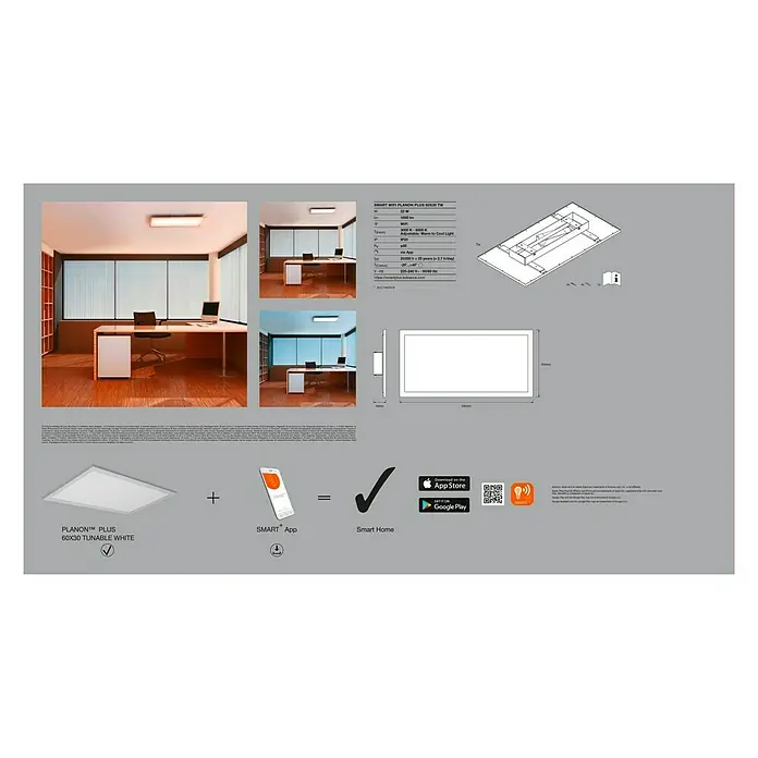 Ledvance Smart+ WiFi LED-Panel Planon Plus - L x B x H: 595 x 300 x 56 mm, Weiß, Warmweiß - Produktbild der PLANON™ PLUS 60x30 tunable white LED-Panelleuchte, die sich durch Smart Home-Funktionen via App steuern lässt.