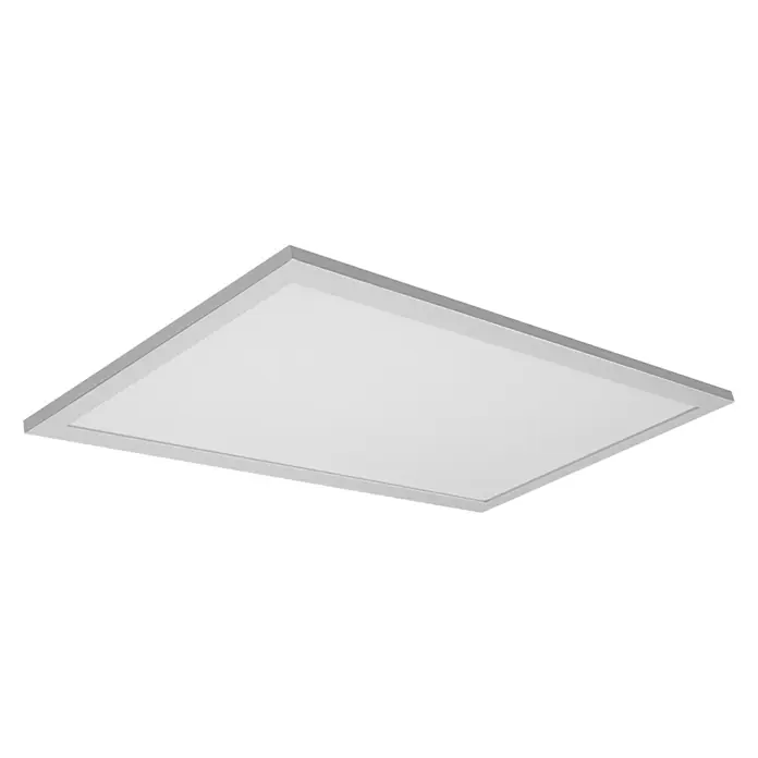 Ledvance Smart+ WiFi LED-Panel Planon Plus - L x B x H: 595 x 300 x 56 mm, Weiß, Warmweiß - Nahaufnahme einer rechteckigen LED-Deckenleuchte mit silbernem Rahmen, die auf einer schwarzen Oberfläche montiert ist.