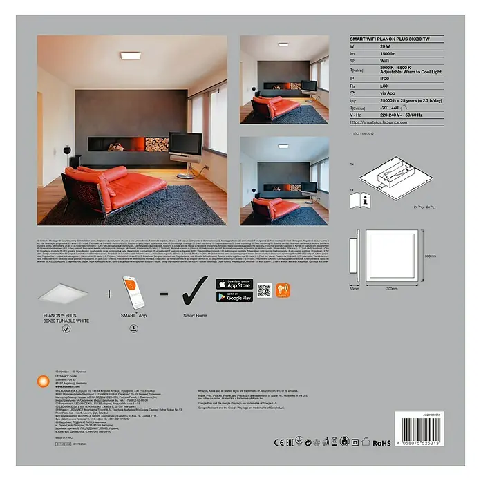 Ledvance Smart+ WiFi LED-Panel Planon Plus - L x B x H: 300 x 300 x 56 mm, Weiß, Warmweiß - Produktbild der SMART WIFI PLANON PLUS 30X30 TW: Eine intelligente LED-Deckenleuchte mit einstellbarer Farbtemperatur.