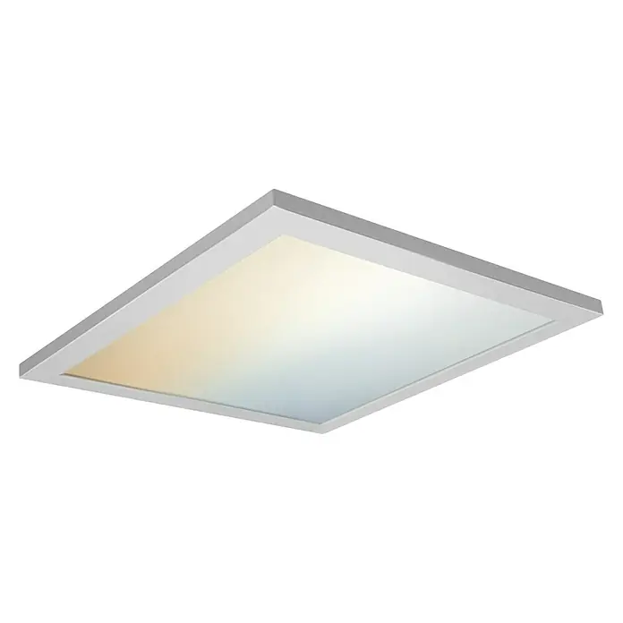 Ledvance Smart+ WiFi LED-Panel Planon Plus - L x B x H: 300 x 300 x 56 mm, Weiß, Warmweiß - Das Bild zeigt eine quadratische LED-Deckenleuchte mit einem weißen Rahmen, die ein helles, diffuses Licht abgibt. Perfekt für moderne Innenräume.