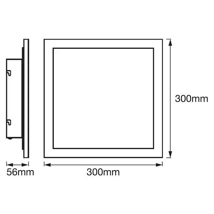 Osram Smart+ LED-Panel Planon Plus - L x B x H: 30 x 30 x 5,6 cm, Weiß, RGBW - Skizze einer quadratischen LED-Deckenleuchte mit den Maßen 300 x 300 mm und einer Tiefe von 56 mm, dargestellt in einer technischen Zeichnung.