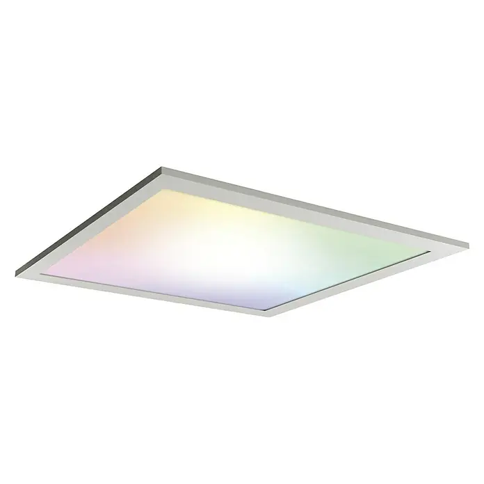 Osram Smart+ LED-Panel Planon Plus - L x B x H: 30 x 30 x 5,6 cm, Weiß, RGBW - Nahaufnahme einer quadratischen LED-Deckenleuchte mit Farbverlauf und silbernem Rahmen vor schwarzem Hintergrund.