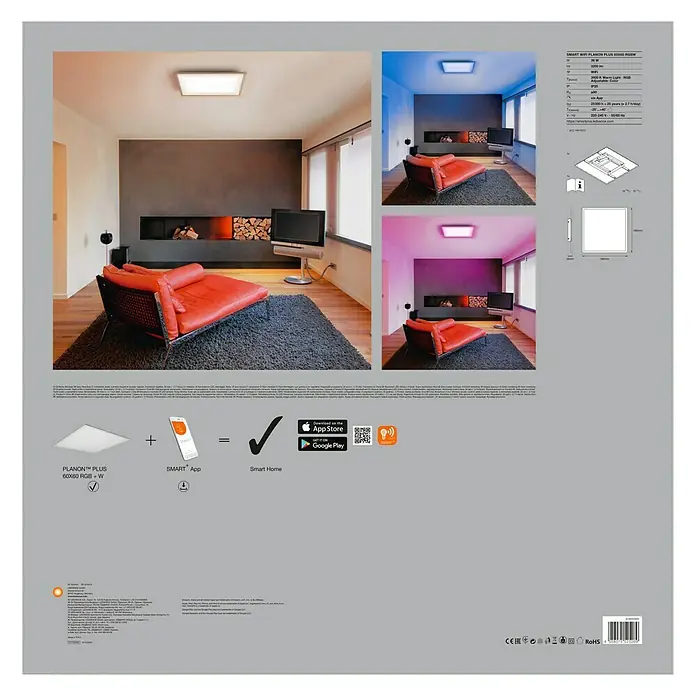 Ledvance Smart+ WiFi LED-Panel Planon Plus - L x B x H: 595 x 595 x 56 mm, Weiß, Warmweiß - Intelligente WLAN-Deckenleuchte Planon Plus 60x60 RGB+W für Ihr smartes Zuhause, steuerbar per App. Erleben Sie individuelle Beleuchtung!