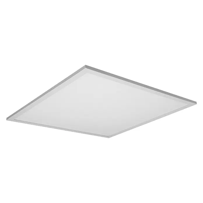 Ledvance Smart+ WiFi LED-Panel Planon Plus - 36 W, L x B x H: 595 x 595 x 56 mm, Weiß - Deckenpaneel mit quadratischem, weißem Leuchtenschirm und silbernem Rahmen vor schwarzem Hintergrund.