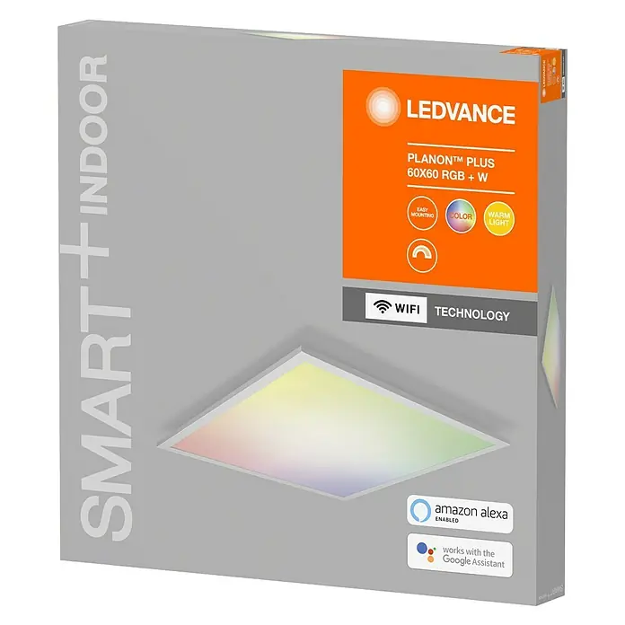Ledvance Smart+ WiFi LED-Panel Planon Plus - L x B x H: 595 x 595 x 56 mm, Weiß, Warmweiß - Verpackung der LEDVANCE Planon Plus 60x60 RGB + W Smart Indoor Leuchte, kompatibel mit Alexa und Google Assistant.