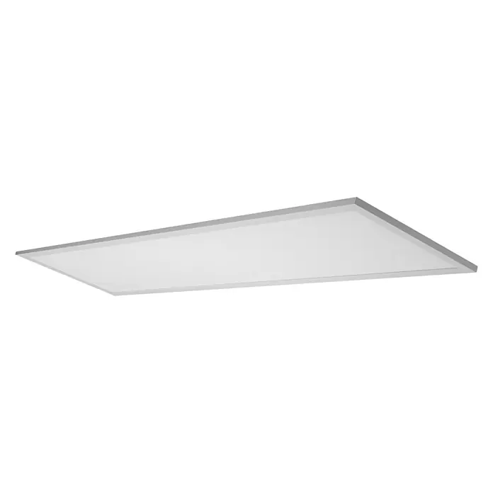 Ledvance Smart+ WiFi LED-Panel Planon Plus - 36 W, L x B x H: 120 x 30 x 5,6 cm, Weiß - Bild einer quadratischen LED-Panel-Deckenleuchte mit silbernem Rahmen vor einem schwarzen Hintergrund.