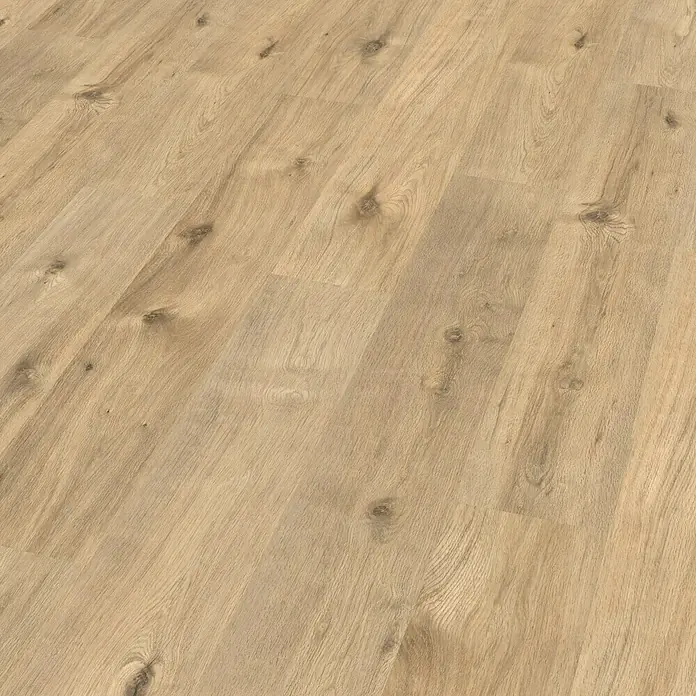 Laminat - Eiche Bremberg, Landhausdiele, 1.292 x 193 x 7 mm - Bild eines schönen hellen Holzfußbodens mit erkennbarer Maserung, der ein warmes und natürliches Ambiente vermittelt.