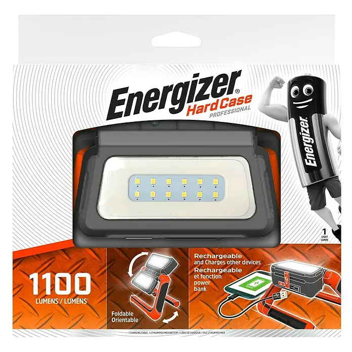 Energizer Linterna Hardcase - 5,5 x 20 x 20 cm, 1.100 lm, IPX4 - La luz de trabajo Energizer Hard Case Professional con 1100 lúmenes es recargable y carga otros dispositivos como un banco de energía.