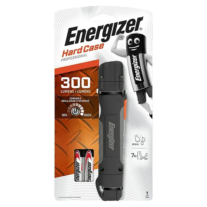 Energizer Linterna Hardcase - 135 x 56 x 240 mm, 300 lm, IPX4 - Imagen del producto de una linterna Energizer Hard Case Professional con 300 lúmenes y función de atenuación. Baterías incluidas.
