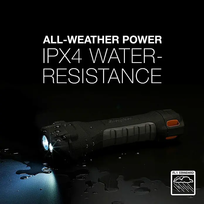 Energizer Linterna Hardcase - 295 x 150 x 85 mm, 35 lm - 400 lm, IPX4 - La imagen muestra una linterna Energizer todoterreno con resistencia al agua IPX4, ideal para aventuras al aire libre.