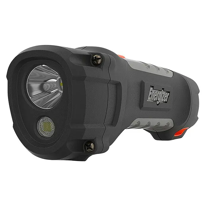 Energizer Linterna Hardcase - 295 x 150 x 85 mm, 35 lm - 400 lm, IPX4 - Primer plano de una linterna Energizer gris y resistente con dos luces y detalles naranjas, perfecta para uso en exteriores.