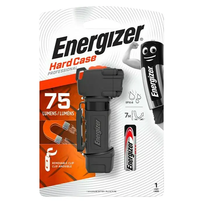 Energizer Linterna Hardcase Multiuso - 75 lm, IPX4 - Imagen de una linterna Energizer Hard Case Professional, que tiene 75 lúmenes, con clip, impermeable y batería incluida.