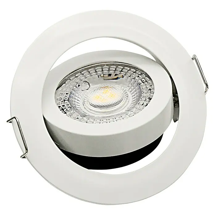 Alverlamp Foco empotrable Pack 3 Aro - 7 W, Ø x Al: 82 x 30 mm, Blanco, Blanco frío - Primer plano de un downlight LED empotrable blanco con foco ajustable y muelles de montaje plateados.