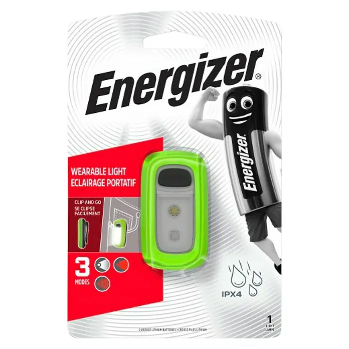 Energizer Linterna deporte - 2,25 x 10,8 x 16,5 cm, 30 lm, IPX4 - Un paquete de luz portátil Energizer que muestra una lámpara verde portátil con tres modos y resistencia al agua IPX4.