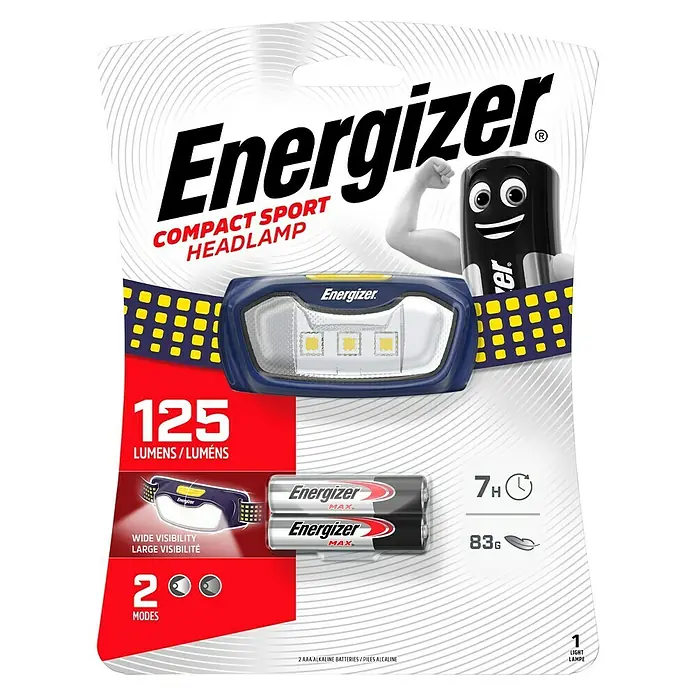 Energizer Linterna frontal deporte - 36 x 190 x 146 mm, 125 lm - Linterna frontal deportiva compacta Energizer de 125 lúmenes, pilas incluidas para 7 horas de autonomía y 2 modos de luz.