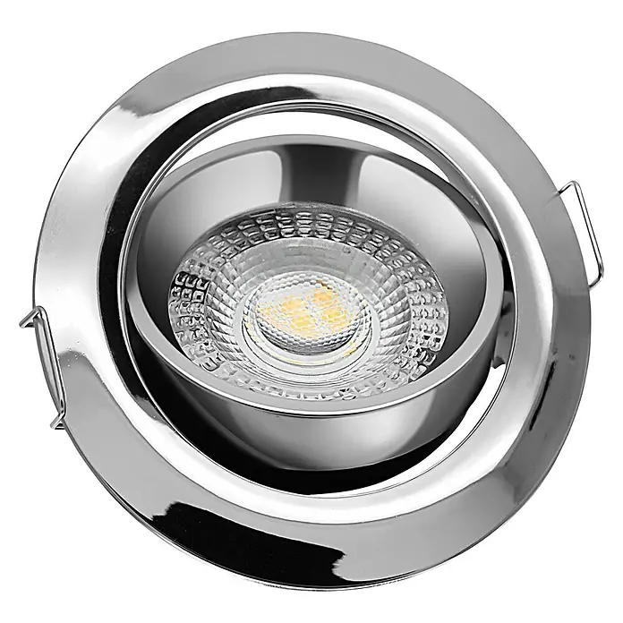 Alverlamp Foco empotrable Pack 3 Aro - 7 W, Ø x Al: 82 x 30 mm, Cromo, Blanco neutro - Primer plano de una lámpara de techo LED empotrada redonda con un acabado cromado, que irradia una iluminación brillante y eficiente.