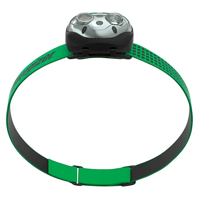 Energizer Linterna frontal recargable - 400 lm, IPX4 - Imagen de una linterna frontal Energizer verde. El diseño ligero proporciona comodidad e iluminación segura para todas las actividades al aire libre.