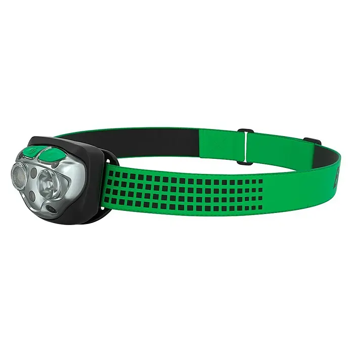 Energizer Linterna frontal recargable - 400 lm, IPX4 - Una linterna frontal verde con carcasa negra y lámpara plateada. La banda es ajustable y tiene un diseño estampado.