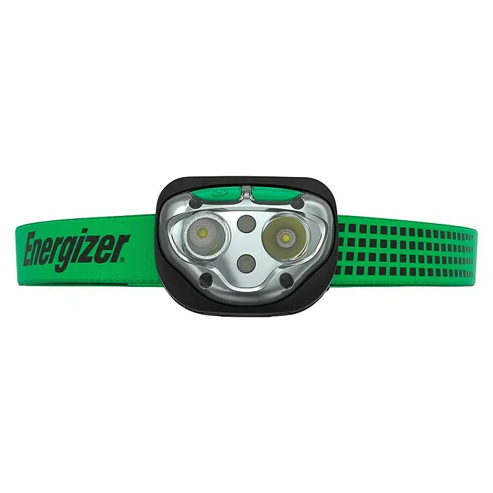 Energizer Linterna frontal recargable - 400 lm, IPX4 - La imagen muestra una linterna frontal Energizer con LED dual, carcasa negra y diadema verde con el logotipo de Energizer y cuadrados negros.