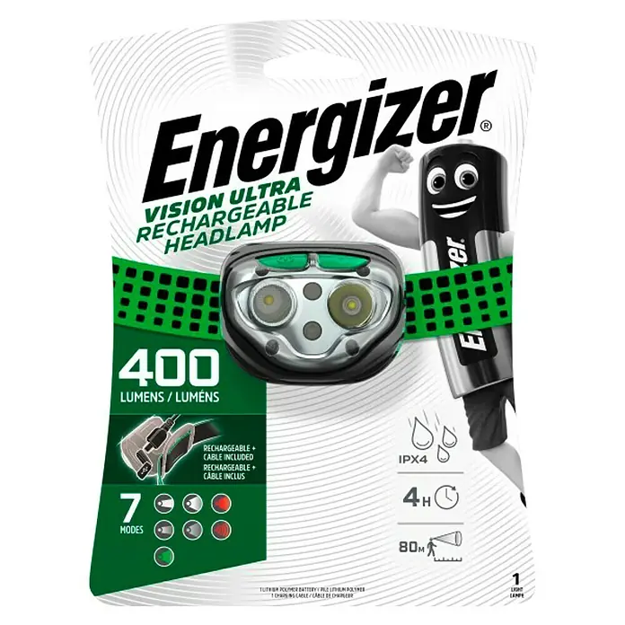 Energizer Linterna frontal recargable - 400 lm, IPX4 - La imagen muestra una linterna frontal recargable Energizer Vision Ultra de 400 lúmenes con cable incluido, ideal para exteriores.
