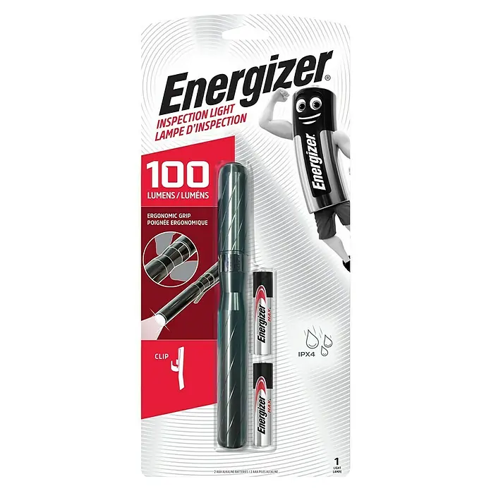 Energizer Linterna Inspección - 100 lm, IPX4 - Embalaje de una linterna de inspección Energizer de 100 lúmenes, con pilas y clip, ideal para trabajos de inspección y detalle.