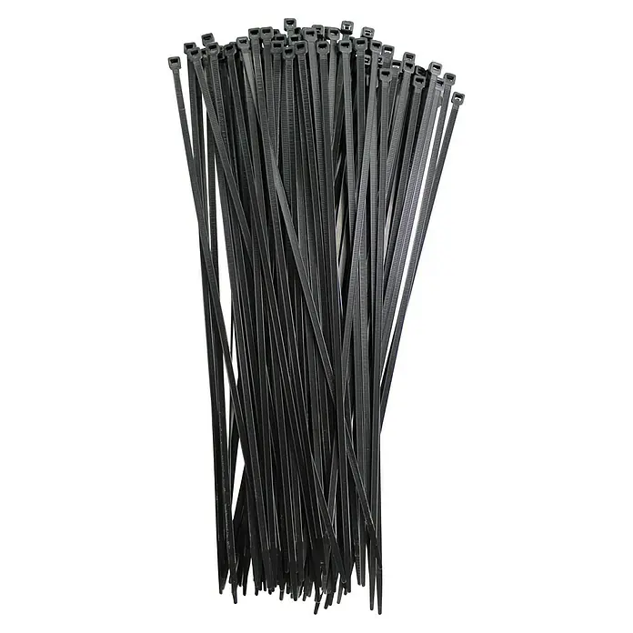 Profi Depot Kabelbinder - Schwarz, 360 x 4,8 mm, 100 Stk. - Ein Bündel schwarzer Kabelbinder, die sich ideal zum Organisieren und Sichern von Kabeln und anderen Gegenständen eignen.