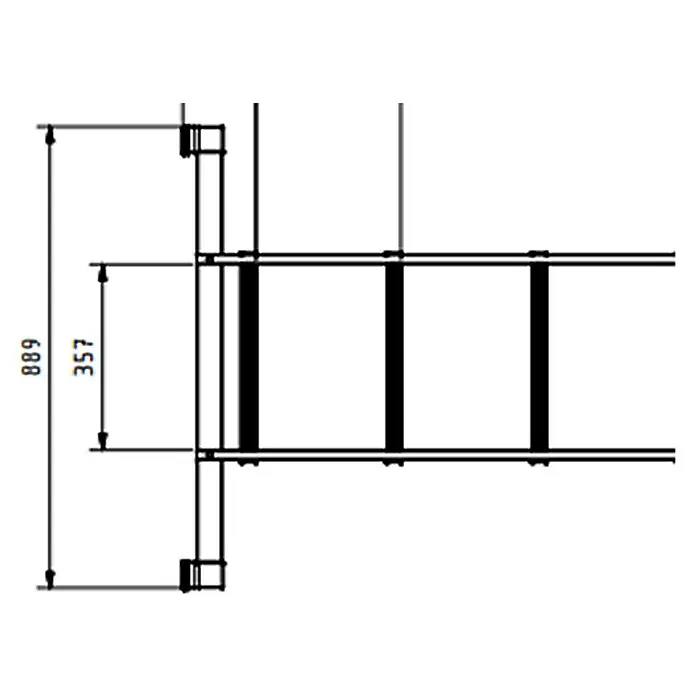 Corda Escalera deslizante - Número de peldaños: 22 ud., Altura de trabajo: 5,3 m, Carga soportada: 150 kg, Aluminio - Dibujo técnico de una estructura de estantería con dimensiones de 889 y 357. Muestra la construcción y medidas del mueble.