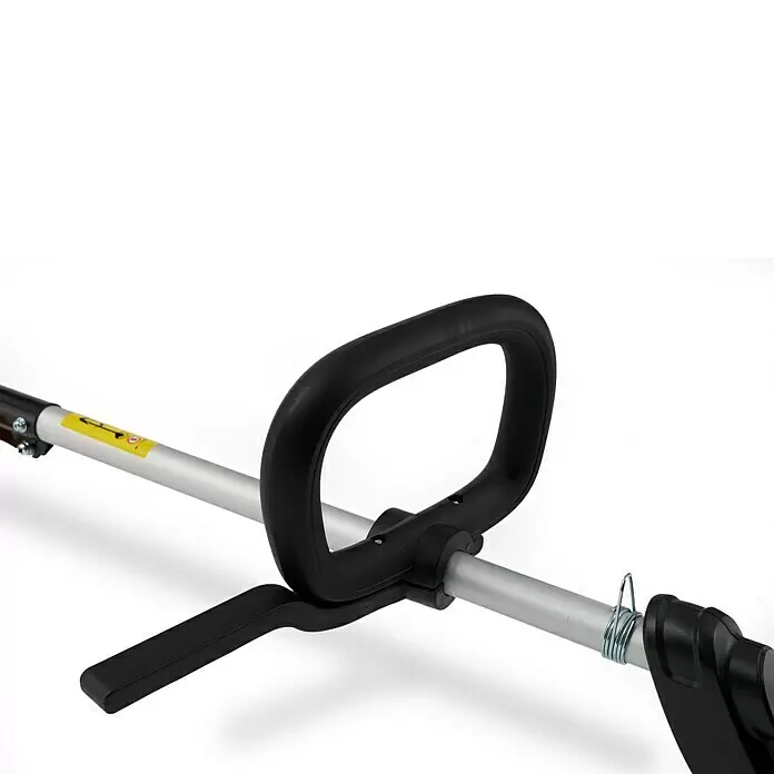 Alpina Elektro-Motorsense ABR 1.0 EJ - 1.000 W, Schnittbreite Faden: 37 cm, Schnittbreite Messer: 20 cm - Schwarzer D-Griff eines Gartentrimmers auf silberner Stange mit gelbem Warnaufkleber.