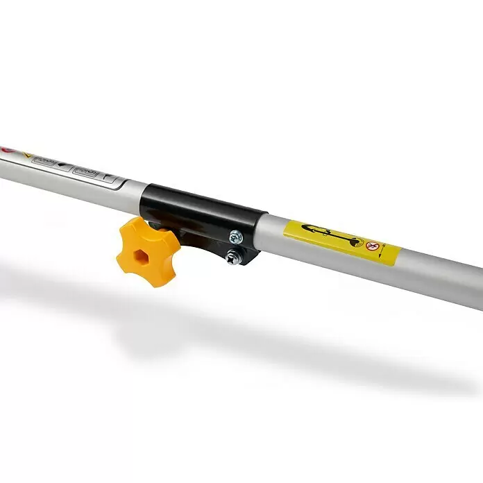 Alpina Elektro-Motorsense ABR 1.0 EJ - 1.000 W, Schnittbreite Faden: 37 cm, Schnittbreite Messer: 20 cm - Silberner Werkzeugstiel mit schwarzer Kupplung und gelbem Stern-Verstellknopf.
