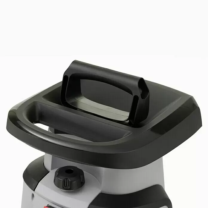 Alpina Elektro-Häcksler ACH 2.2 E - Max. Aststärke: 4 cm, 2.200 W - Aufsicht auf einen Gartenhäcksler mit schwarzem Kunststofftrichter und integriertem Griff auf grauem Unterbau.