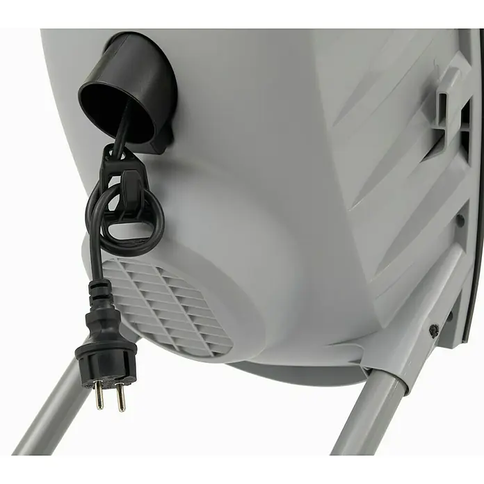 Alpina Elektro-Häcksler ACH 2.2 E - Max. Aststärke: 4 cm, 2.200 W - Detailaufnahme eines Gartengeräts mit Netzkabel und Stecker. Fokus auf die graue Gehäuseoberfläche und die Kabelführung.