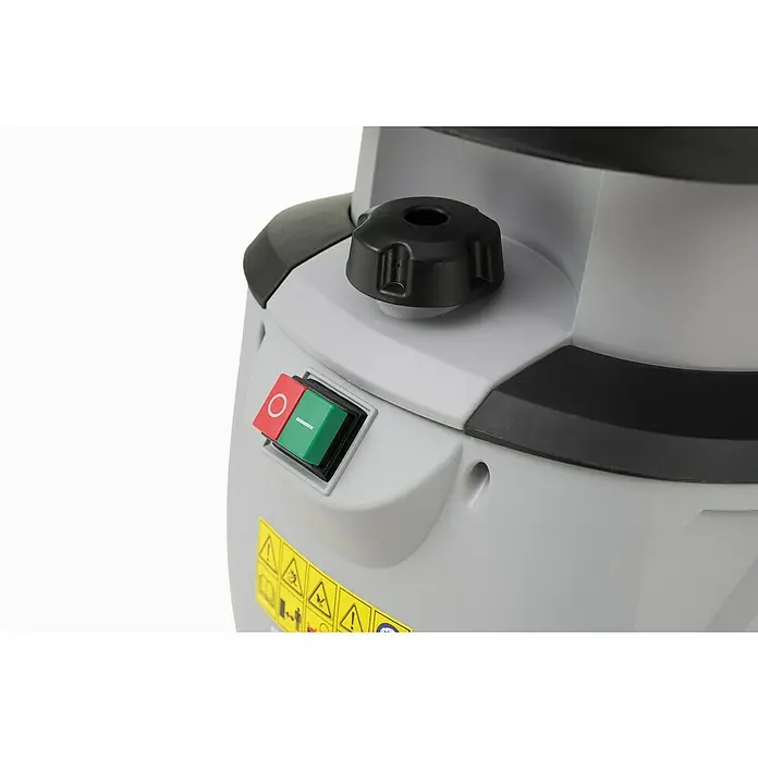 Alpina Elektro-Häcksler ACH 2.2 E - Max. Aststärke: 4 cm, 2.200 W - Nahaufnahme eines Gartengeräts mit einem markanten schwarzen Knopf und einem grünen/roten Schalter für die Bedienung.