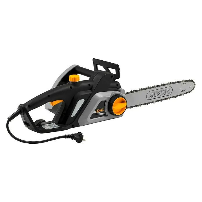 Alpina Motosierra eléctrica ACS 200 ET - 2.000 W, Longitud de la cuchilla: 40 cm - Se muestra una motosierra eléctrica Alpina en gris y negro con detalles en naranja, destacando el producto con su cable.