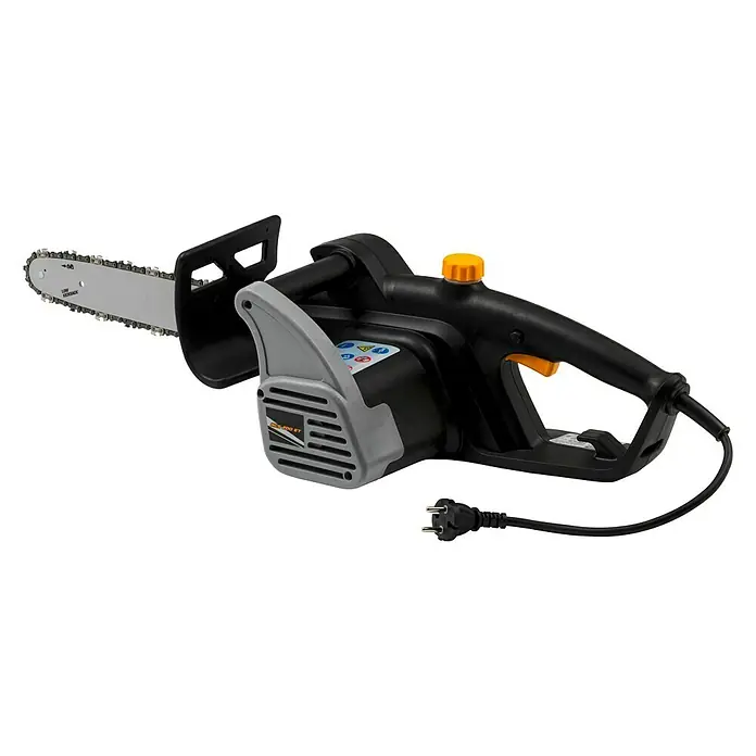 Alpina Motosierra eléctrica ACS 200 ET - 2.000 W, Longitud de la cuchilla: 40 cm - La imagen muestra una motosierra eléctrica con carcasa gris y negra, así como una perilla amarilla, que yace sobre un fondo negro.