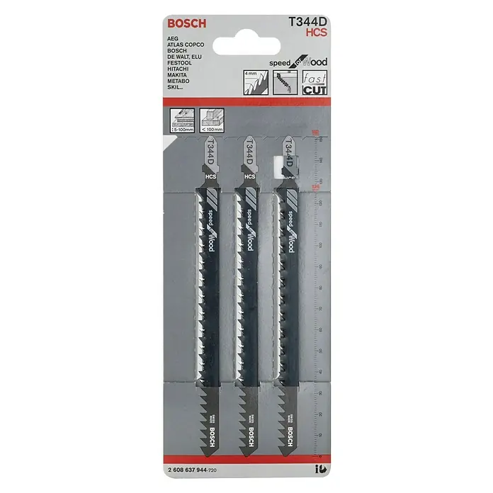 Bosch Stichsägeblatt T334D - Spanplatten, 3 -tlg. - Packung mit drei Bosch T344D HCS Stichsägeblättern für schnellen Holzschnitt, geeignet für verschiedene Stichsägenmarken.