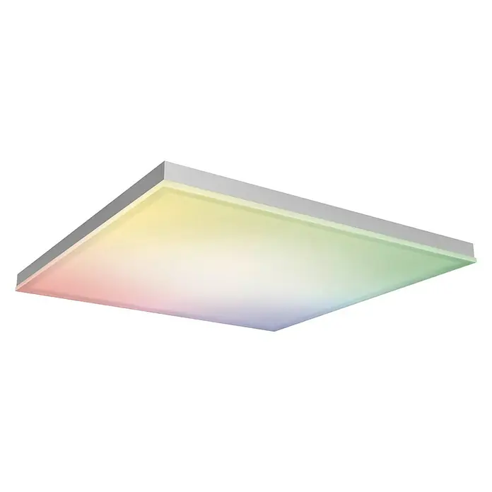 Ledvance Smart+ WiFi LED-Panel Planon Frameless - 36 W, L x B x H: 30 x 30 x 6,9 cm, Weiß, RGBW - Nahaufnahme einer quadratischen LED-Deckenleuchte, die ein Regenbogenspektrum erzeugt und für moderne Beleuchtung sorgt.