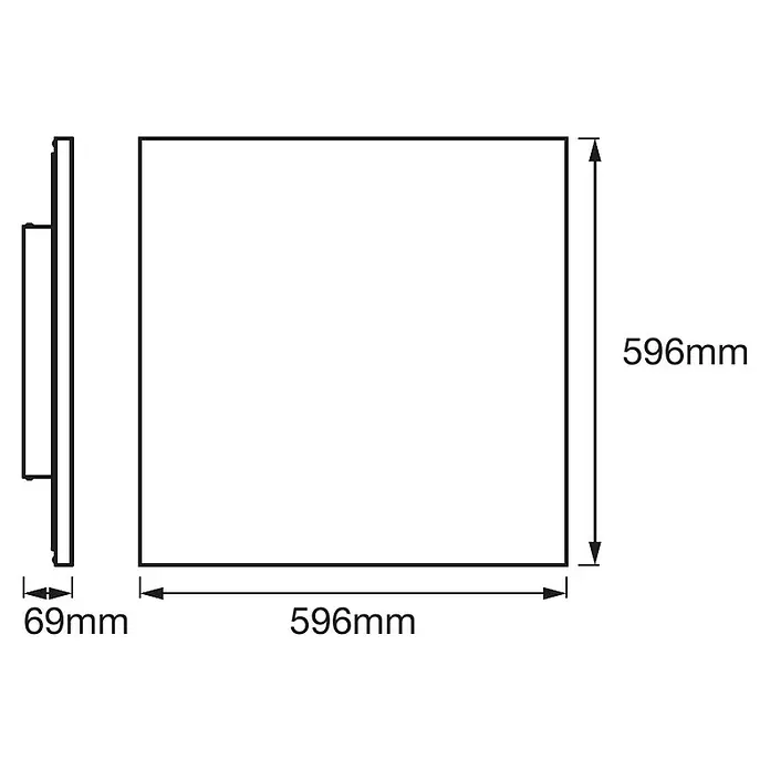 Ledvance Smart+ WiFi LED-Panel Planon Frameless - 40 W, L x B x H: 69 x 596 x 596 mm, Weiß - Produktdiagramm mit den Abmessungen eines quadratischen Produkts: 596 mm x 596 mm und einer Tiefe von 69 mm für technische Details.