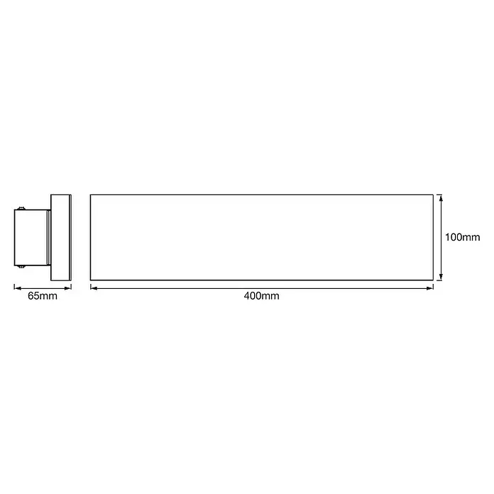 Ledvance Smart+ WiFi LED-Panel Planon Frameless - 16 W, L x B x H: 400 x 100 x 65 mm, Weiß - Produktansicht mit Maßen: Die Leuchte ist 400 mm breit, 100 mm hoch und hat eine Ausladung von 65 mm.