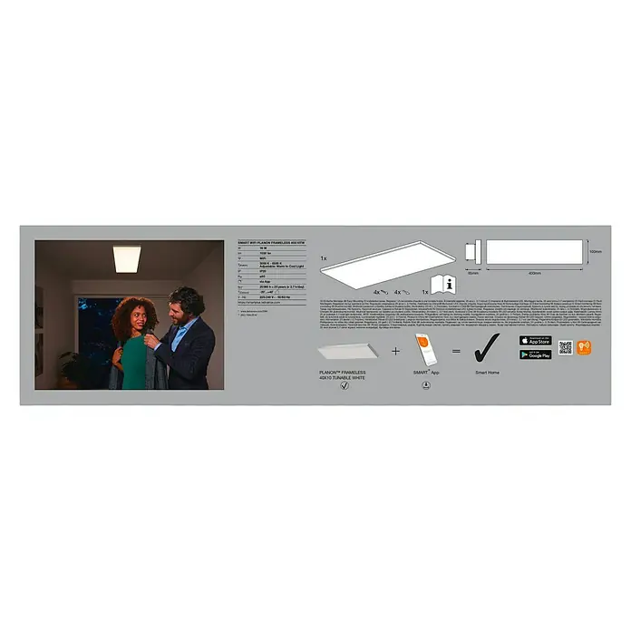 Ledvance Smart+ WiFi LED-Panel Planon Frameless - 16 W, L x B x H: 400 x 100 x 65 mm, Weiß - Produktbild der SMART WIFI PLANON FRAMELESS 40X10 YOTW, einer smarten, rahmenlosen, abstimmbaren weißen LED-Leuchte mit App-Steuerung.