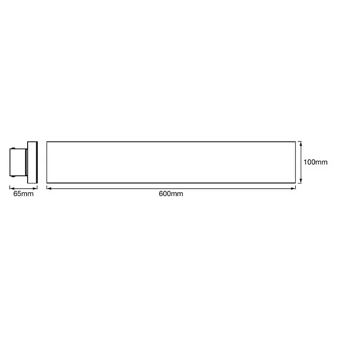 Ledvance Smart+ WiFi LED-Panel Planon Frameless - 28 W, L x B x H: 600 x 100 x 65 mm, Weiß - Schematische Darstellung einer Wandleuchte mit den Maßen 600 mm Länge, 100 mm Höhe und 65 mm Tiefe.