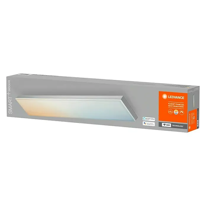 Ledvance Smart+ WiFi LED-Panel Planon Frameless - 28 W, L x B x H: 600 x 100 x 65 mm, Weiß - Eine LEDVANCE Planon Frameless 60x10 tunable white Deckenleuchte in der Produktverpackung. Smarte Lichtsteuerung für Ihr Zuhause.