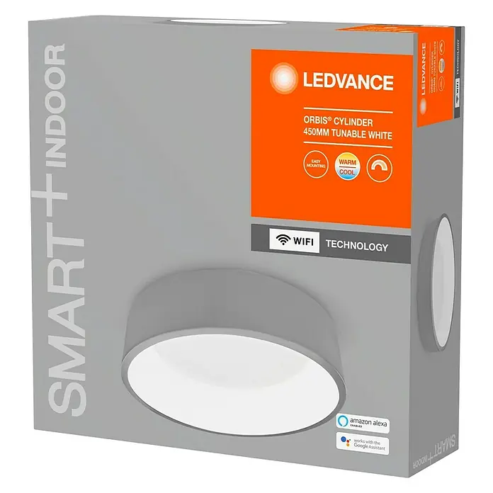 Ledvance Smart+ WiFi LED-Deckenleuchte rund Cylinder - 24 W, Ø x H: 450 x 134 mm, Grau - Die Verpackung einer LEDVANCE Orbis Cylinder 450mm Tunable White Deckenleuchte, kompatibel mit Smart Home Systemen.