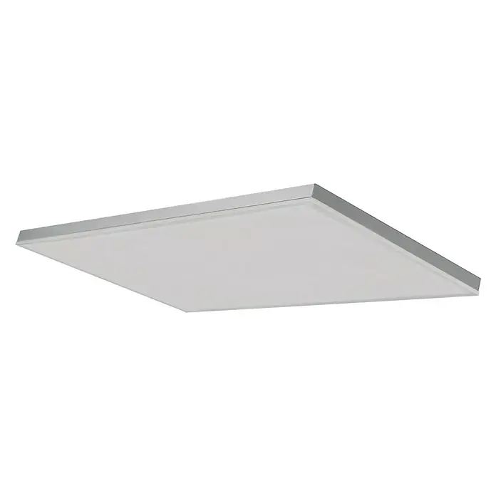 Ledvance Smart+ WiFi LED-Panel Planon Frameless - 28 W, Weiß - Nahaufnahme einer quadratischen LED-Deckenleuchte mit silbernem Rahmen auf schwarzem Hintergrund.