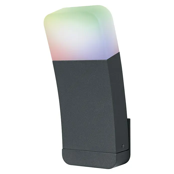 Ledvance Smart+ LED-Außenwandleuchte Curve Up RGBW GrauLeuchtmittel: LED, RGBW, IP44 - Eine graue Außenwandleuchte mit einer leuchtenden, mehrfarbigen Oberseite, die eine moderne und elegante Beleuchtungslösung darstellt.